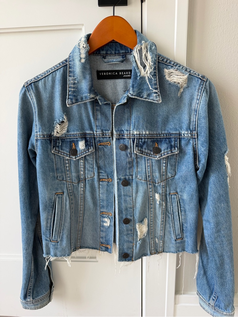 Veronica Beard Light Blue Distressed Denim Jacket